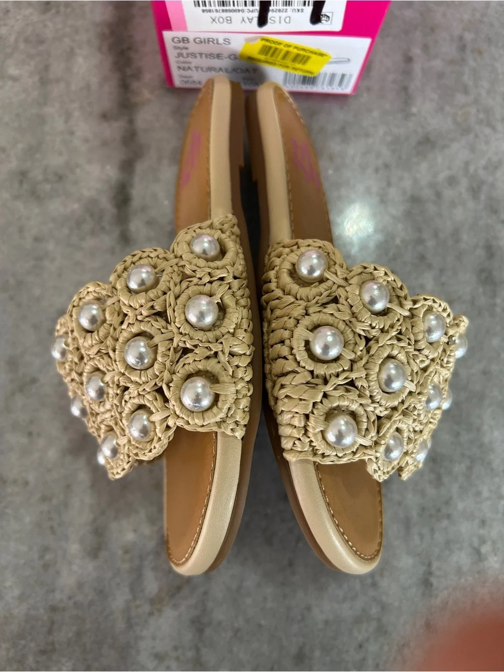 GB Girls Tan Crochet Slide Sandals with Pearl Accents Size 11M